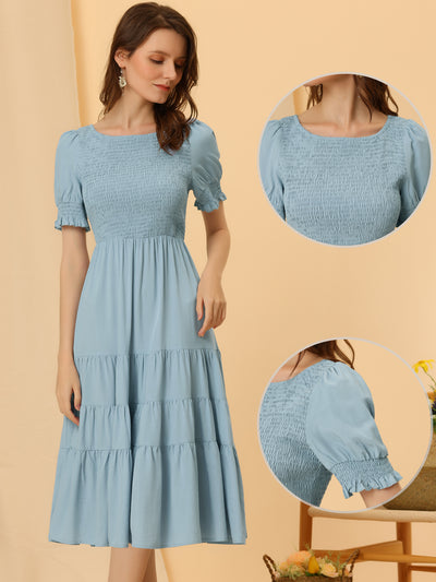 Peasant Smocked Short Sleeve Midi Summer Casual Tiered A-Line Dress