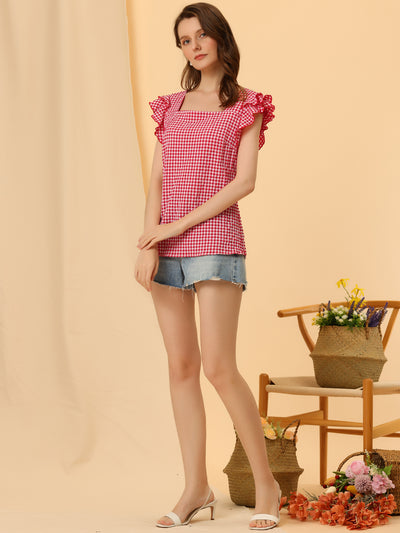 Summer Gingham Tops Square Neck Ruffle Cap Sleeve Blouse