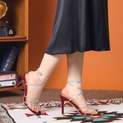 Women's Rhinestone Strappy Ankle Strap Stiletto Heels Sandals