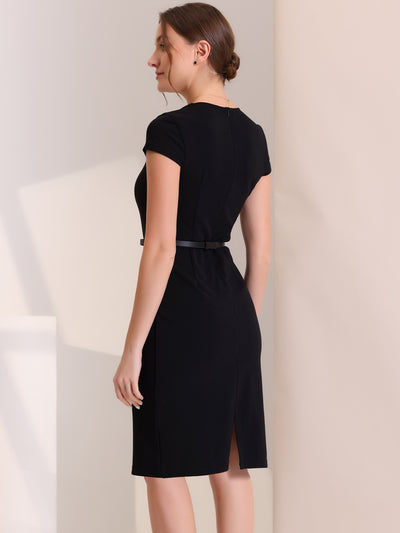 Cap Sleeve Belted Square Neck Midi Sheath Dress