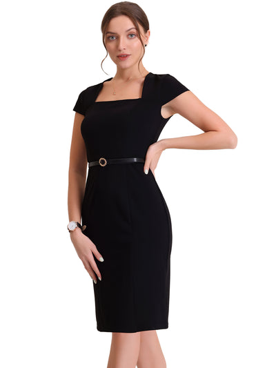 Cap Sleeve Belted Square Neck Midi Sheath Dress