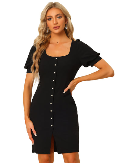 Bodycon Short Sleeve Button Decor Work Office Dress