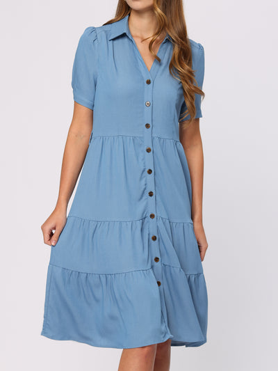 Summer Chambray Short Sleeve Button Tie Waist V Neck Shirt Dress