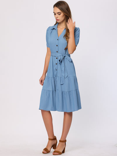 Summer Chambray Short Sleeve Button Tie Waist V Neck Shirt Dress