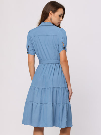 Summer Chambray Short Sleeve Button Tie Waist V Neck Shirt Dress