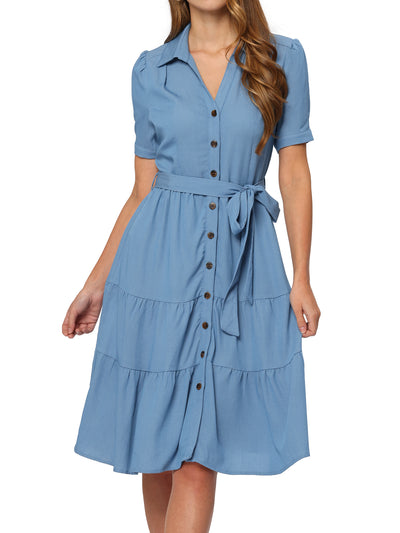 Summer Chambray Short Sleeve Button Tie Waist V Neck Shirt Dress