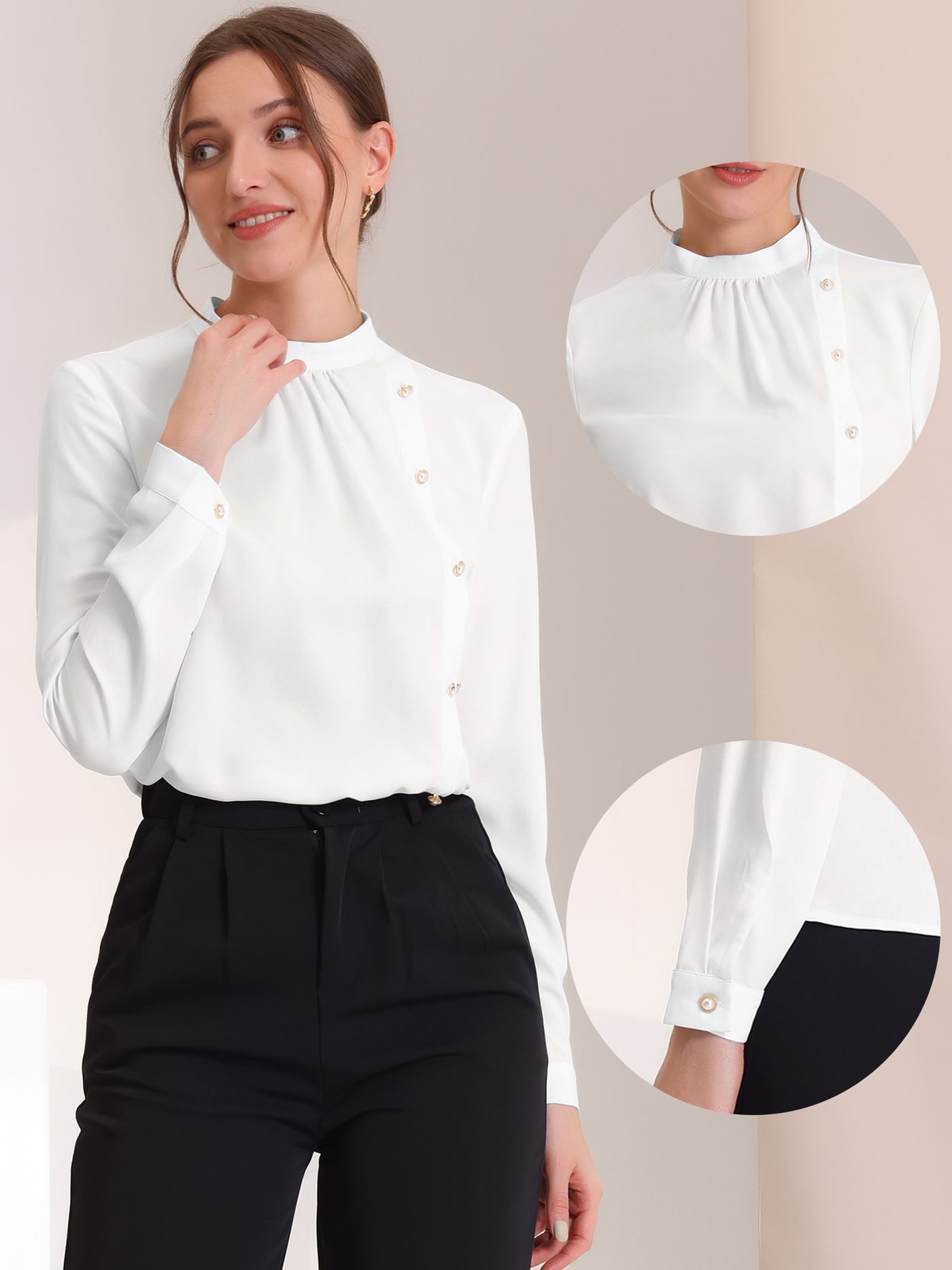 Allegra K Office Shirt Elegant Stand Collar Long Sleeve Vintage Blouse