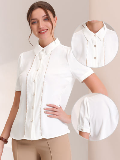 Button Down Shirt Contrast Trim Puff Short Sleeve Blouse