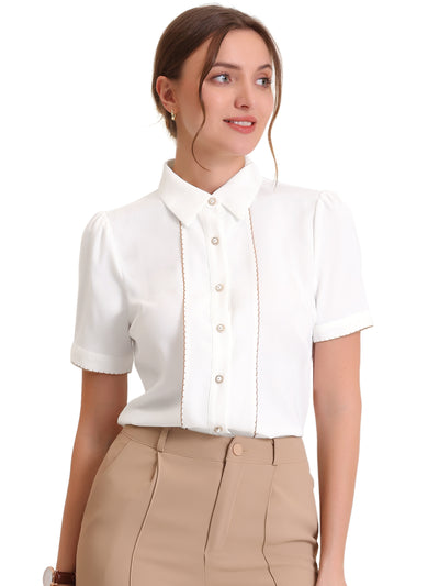 Button Down Shirt Contrast Trim Puff Short Sleeve Blouse