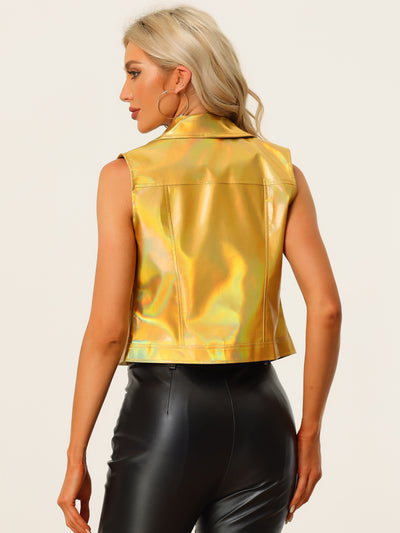 Metallic Faux Leather Vest Lapel Collar Zip Sleeveless Cropped Jacket