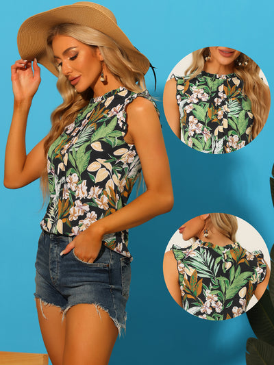 Ruffled Floral Casual 1950s Retro Sleeveless Blouses