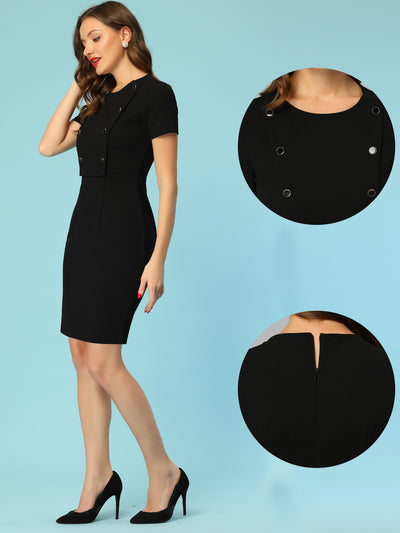 Button Decor Round Neck Short Sleeve Midi Sheath Dress