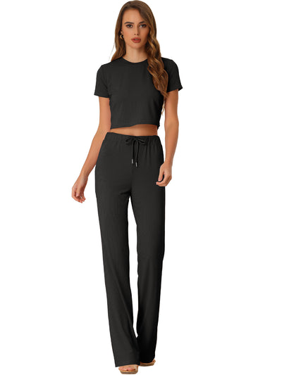 Short Sleeve Crop Top High Waist Wide Leg Long Pant Sport Set