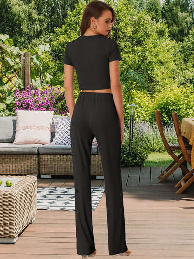 Short Sleeve Crop Top High Waist Wide Leg Long Pant Sport Set