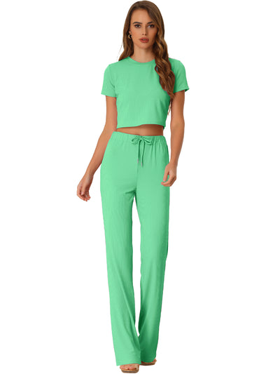 Short Sleeve Crop Top High Waist Wide Leg Long Pant Sport Set