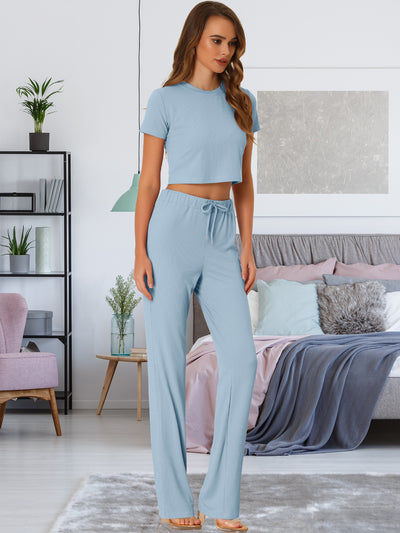 Short Sleeve Crop Top High Waist Wide Leg Long Pant Sport Set