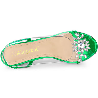 Clear Slingback Flower Rhinestone Peep Toe Heel Sandals