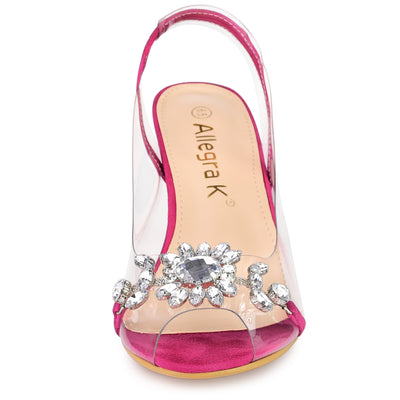 Clear Slingback Flower Rhinestone Peep Toe Heel Sandals