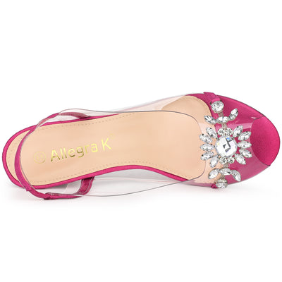 Clear Slingback Flower Rhinestone Peep Toe Heel Sandals