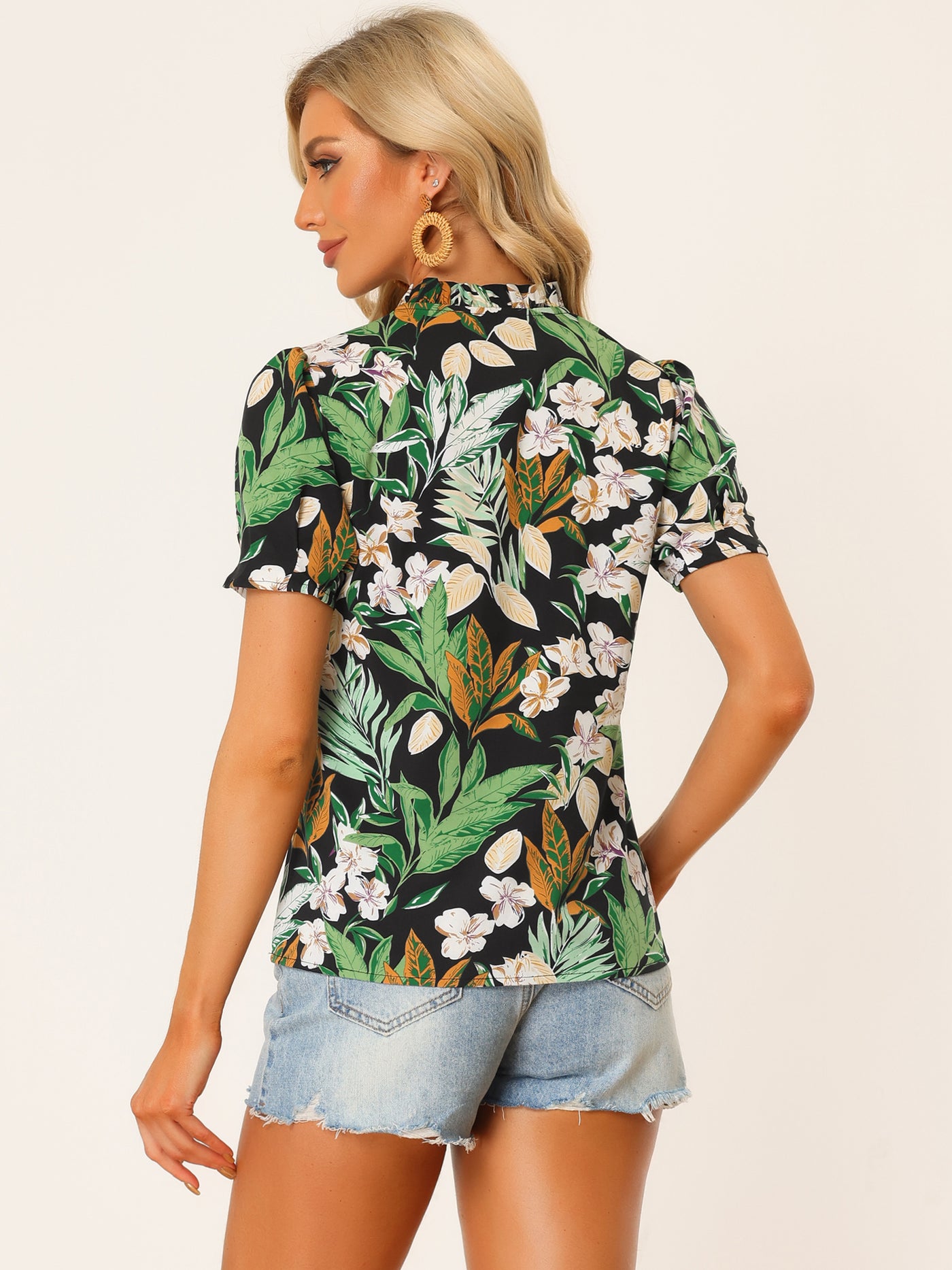 Allegra K Tropical Summer Tops Short Sleeve V Neck Printed Blouse