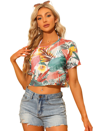 Hawaiian Sheer Short Sleeve Leaves Print Tropical Crop Top