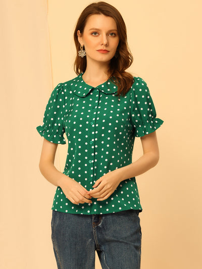 Polka Dot Short Puff Sleeve Button Up Peter Pan Collar Blouse