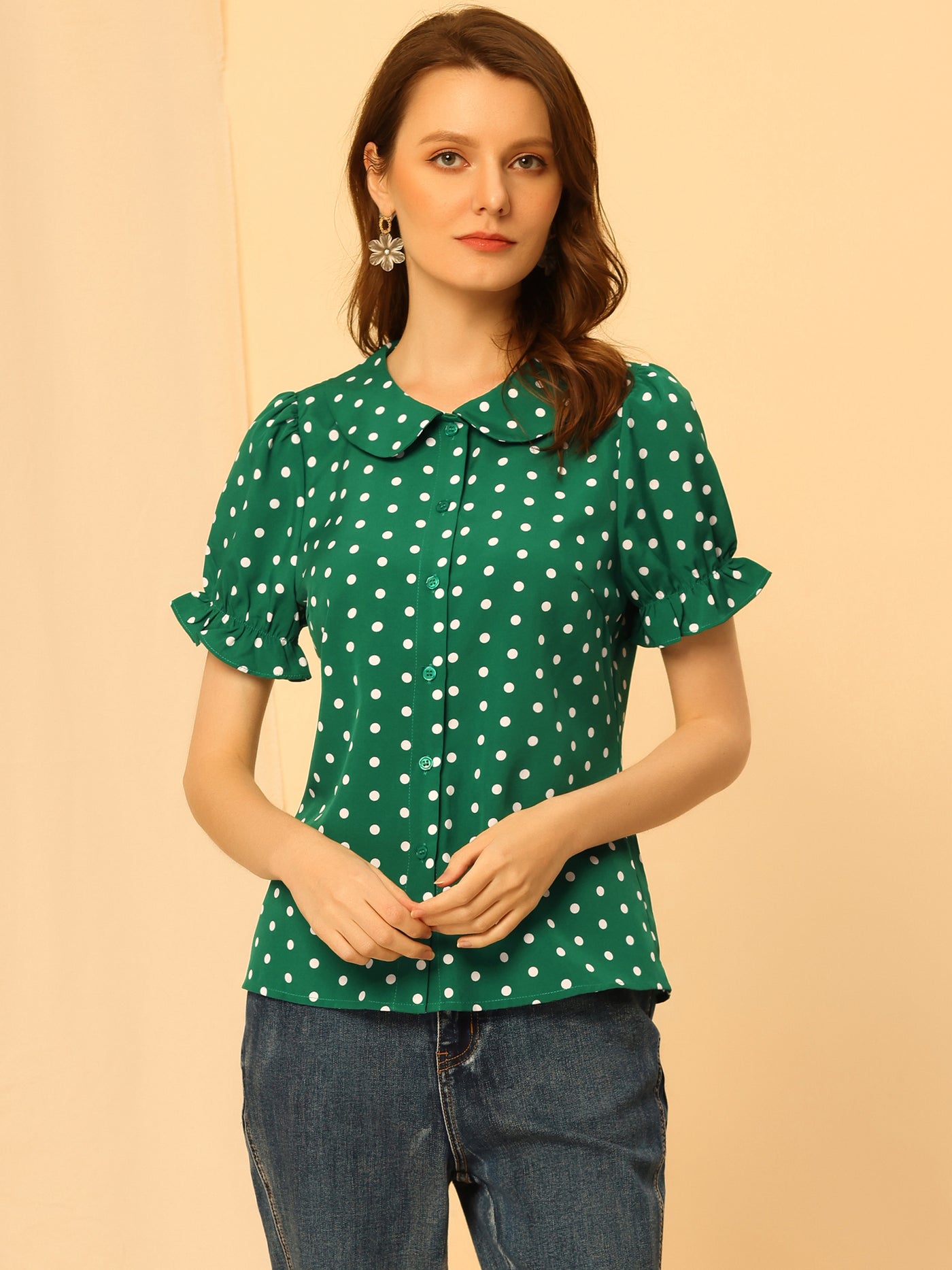 Allegra K Polka Dot Short Puff Sleeve Button Up Peter Pan Collar Blouse