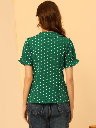 Polka Dot Short Puff Sleeve Button Up Peter Pan Collar Blouse