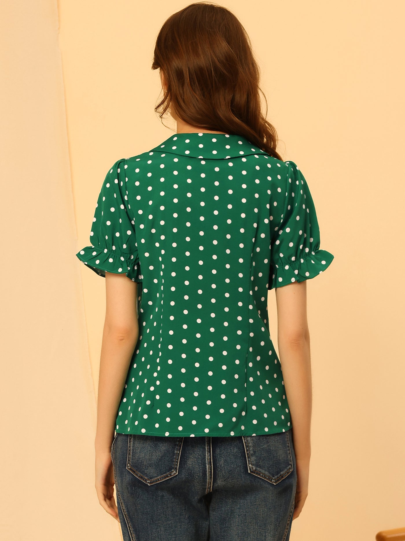 Allegra K Polka Dot Short Puff Sleeve Button Up Peter Pan Collar Blouse