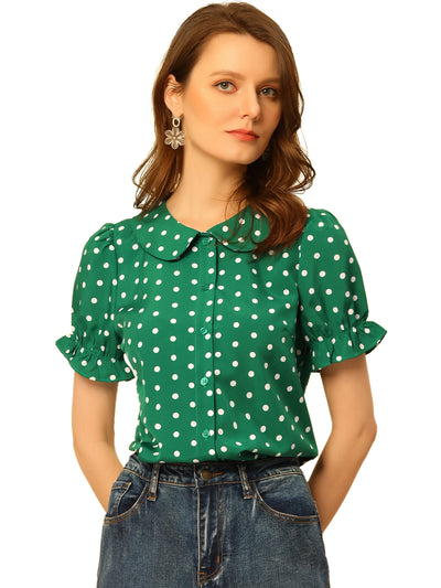 Polka Dot Short Puff Sleeve Button Up Peter Pan Collar Blouse