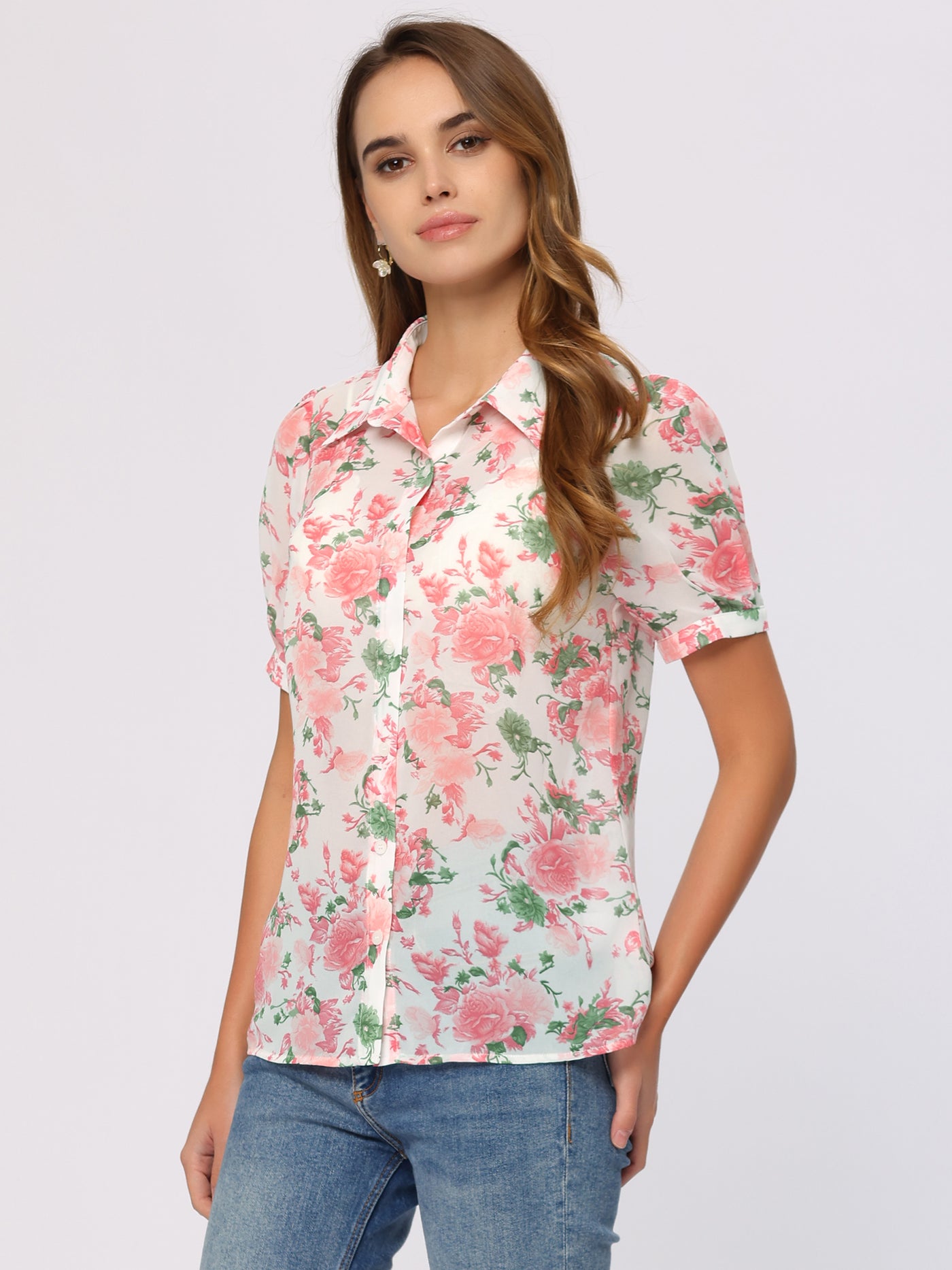 Allegra K Turndown Collar Puff Sleeve Semi Sheer Chiffon Floral Shirt Top