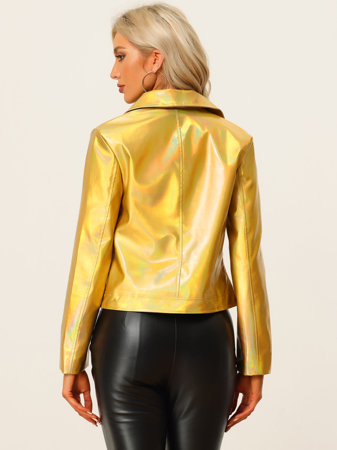 Allegra K Metallic Biker Holographic Shiny Zipper Notched Jackets