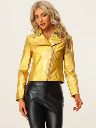 Metallic Biker Holographic Shiny Zipper Notched Jackets