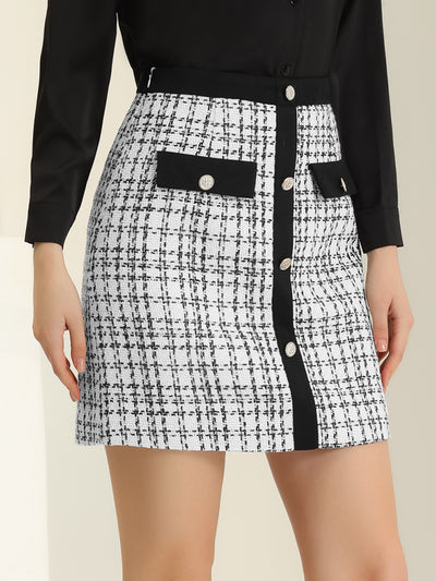 Plaid Tweed Contrast Color Button Decor Business Casual Mini Skirt