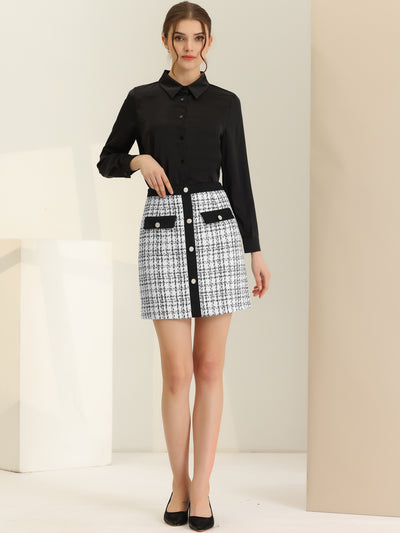 Plaid Tweed Contrast Color Button Decor Business Casual Mini Skirt