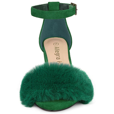 Faux Fur Ankle Strap Block Heel Sandals