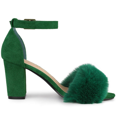 Faux Fur Ankle Strap Block Heel Sandals