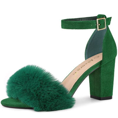 Faux Fur Ankle Strap Block Heel Sandals