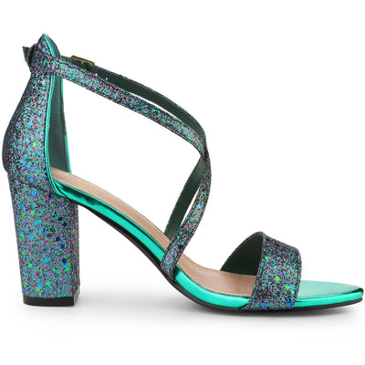 Glitter Crisscross Strap Block Heel Sandals