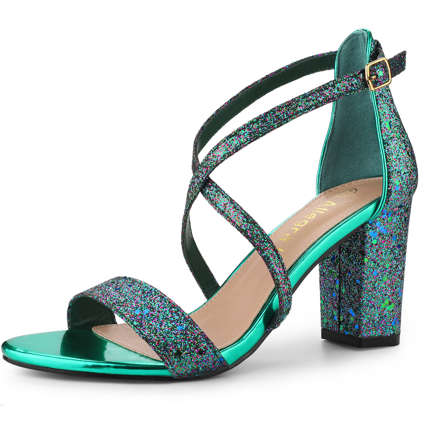 Allegra K Glitter Crisscross Strap Block Heel Sandals