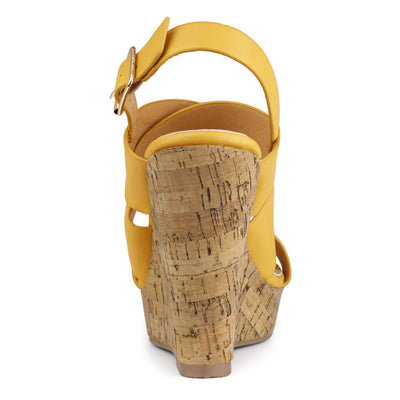 Solid Straps Wood Platform Wedge Slingback Sandals