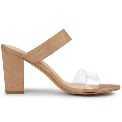 Open Toe Dual Clear Strap Block Heel Slides Mules Sandals