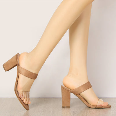 Open Toe Dual Clear Strap Block Heel Slides Mules Sandals