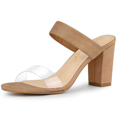 Open Toe Dual Clear Strap Block Heel Slides Mules Sandals