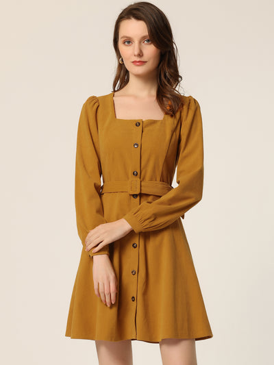 Fall Winter Square Neck Long Sleeve Button Down Corduroy Dress