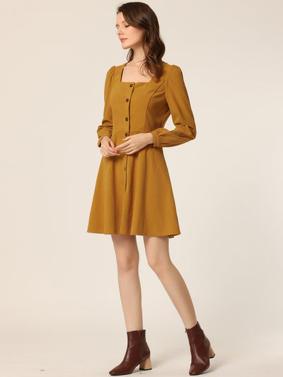 Fall Winter Square Neck Long Sleeve Button Down Corduroy Dress