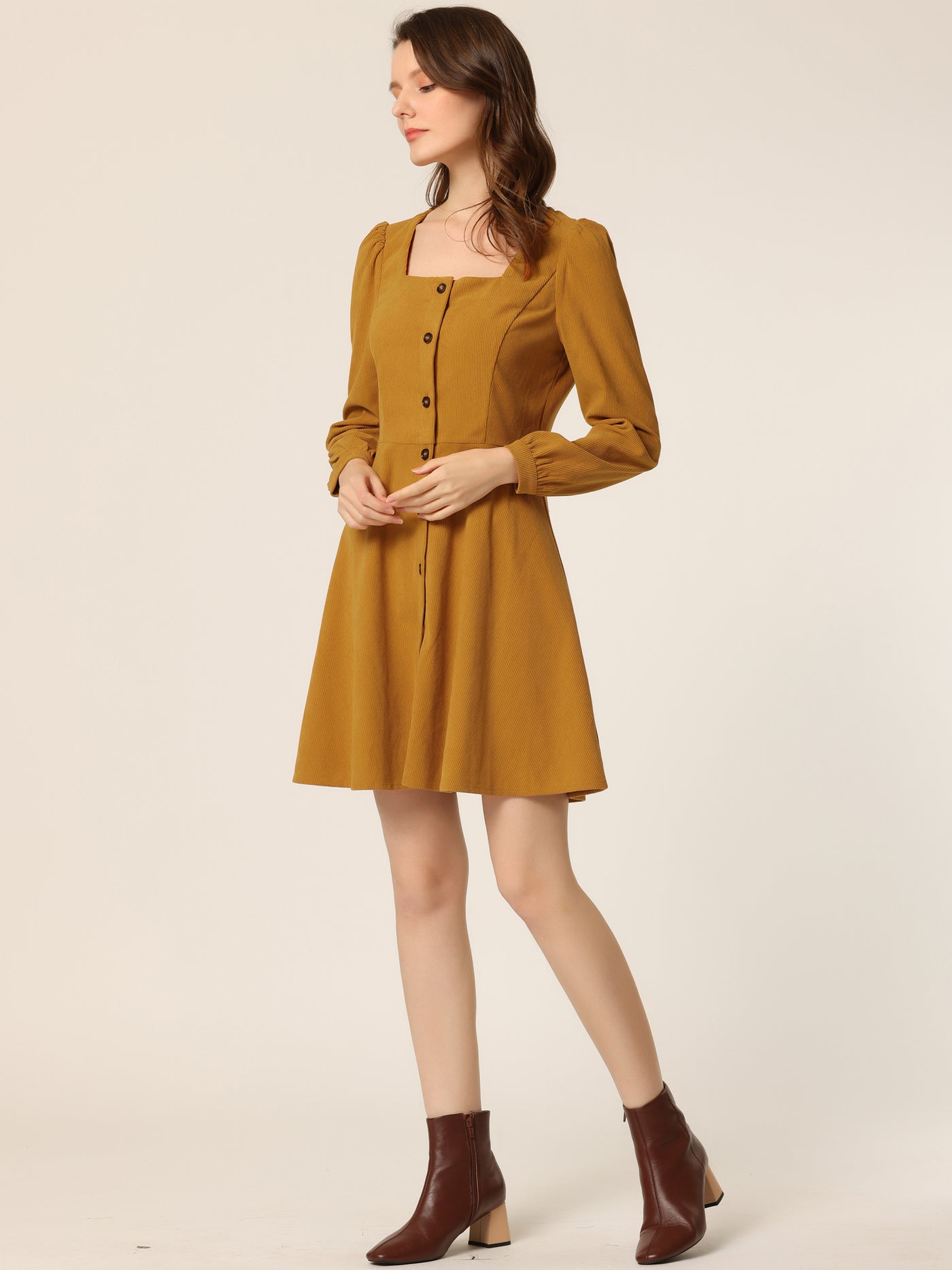 Allegra K Fall Winter Square Neck Long Sleeve Button Down Corduroy Dress