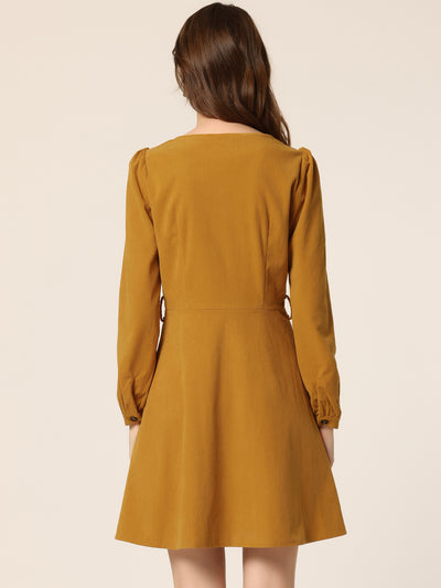 Fall Winter Square Neck Long Sleeve Button Down Corduroy Dress