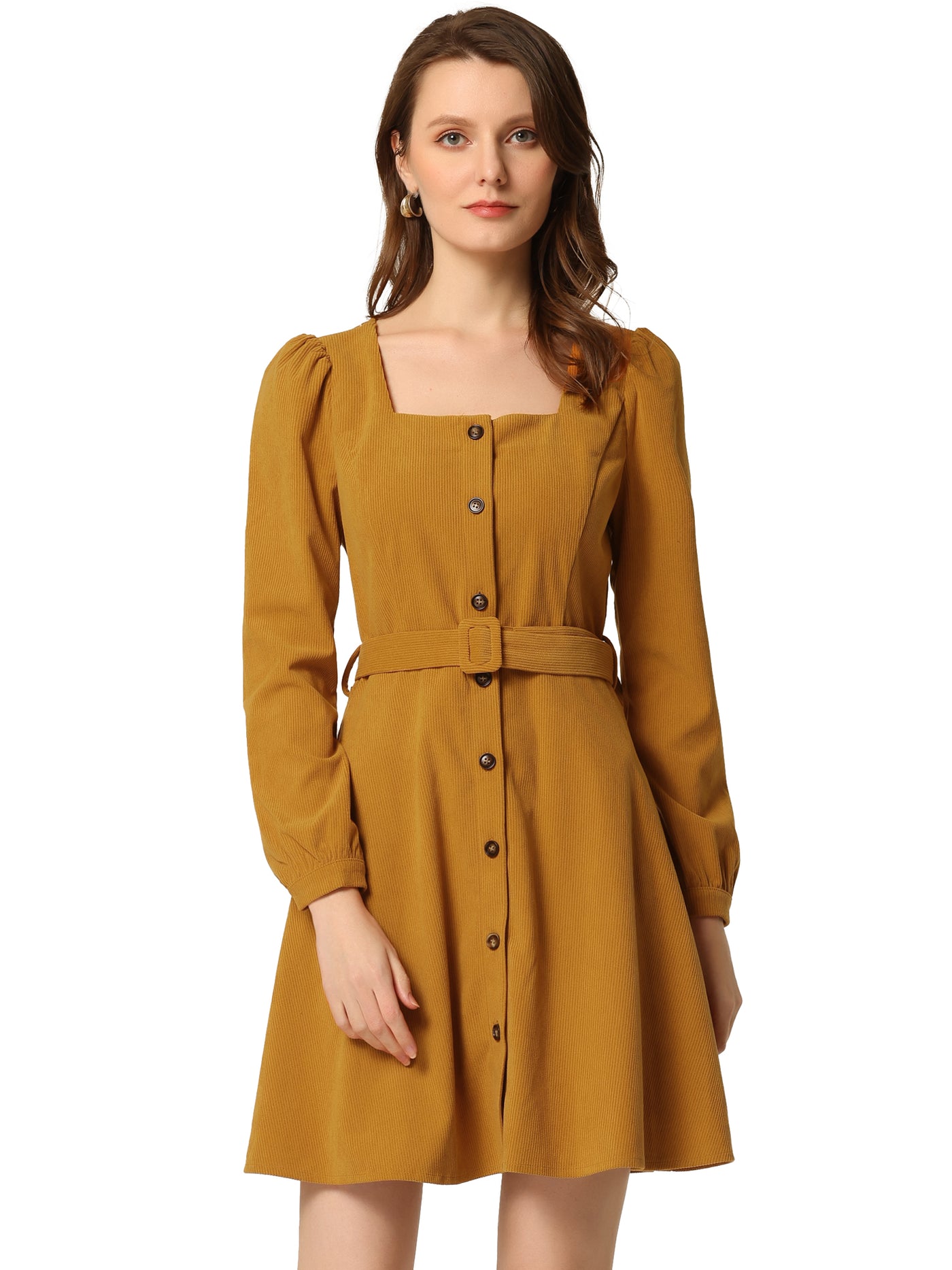 Allegra K Fall Winter Square Neck Long Sleeve Button Down Corduroy Dress