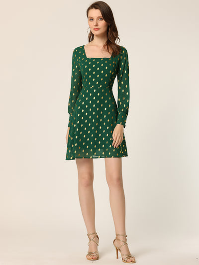 Square Neck Long Puff Sleeve Metallic Polka Dot A-Line Dress